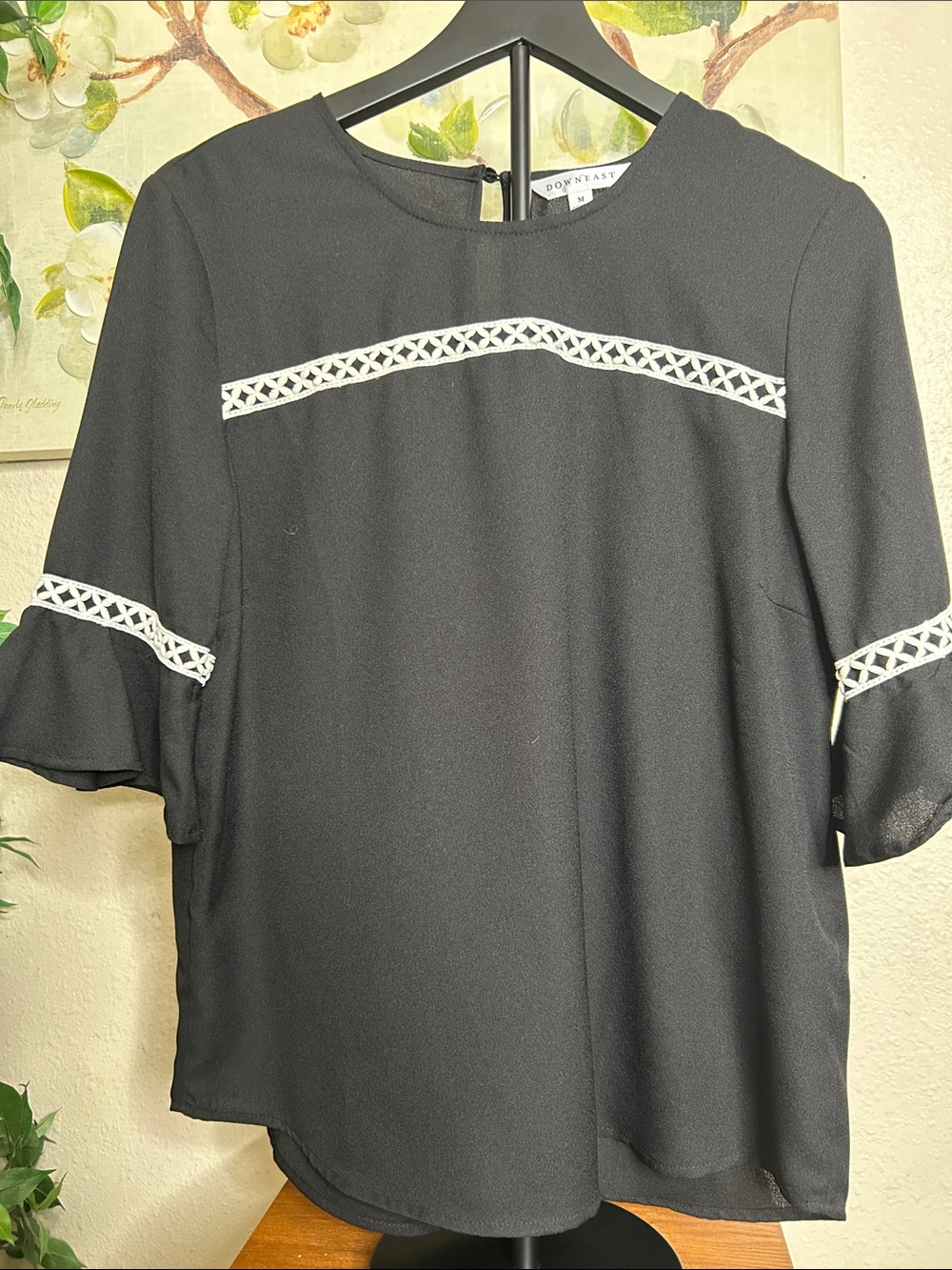 DownEast Black Blouse with White Lattice Trim
